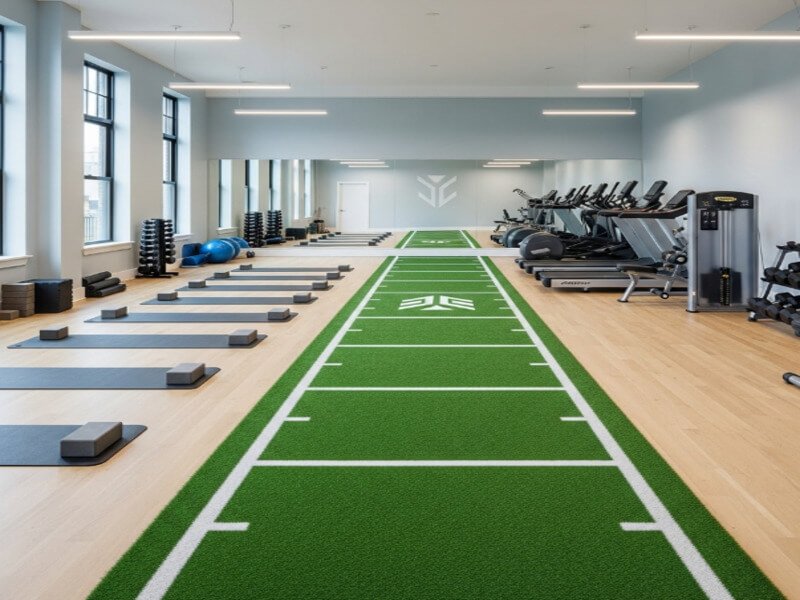 Close-up shot comparing a roll of indoor turf to turf tiles.